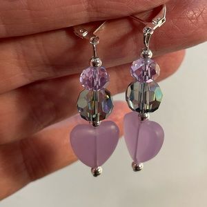 Handcrafted Lilac Heart and Crystal Earrings